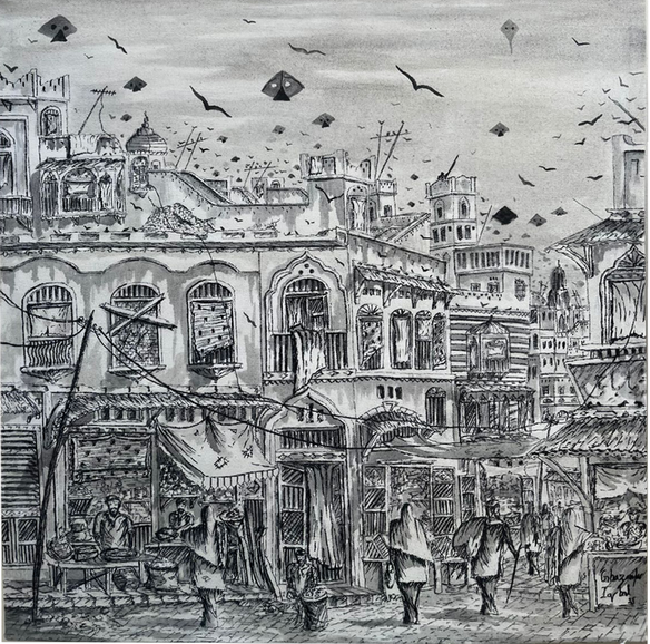 Black and White Bazaar | Ghazanfar Iqbal | 24 x 24 inches