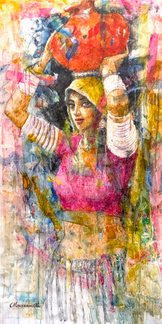 Women with Pitcher series | Moazzam Ali | 60 x 30 inches