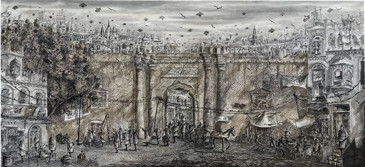 Delhi Gate Lahore Old Punjab Culture Bazaar | Ghazanfar Iqbal | 38 x 84 inches