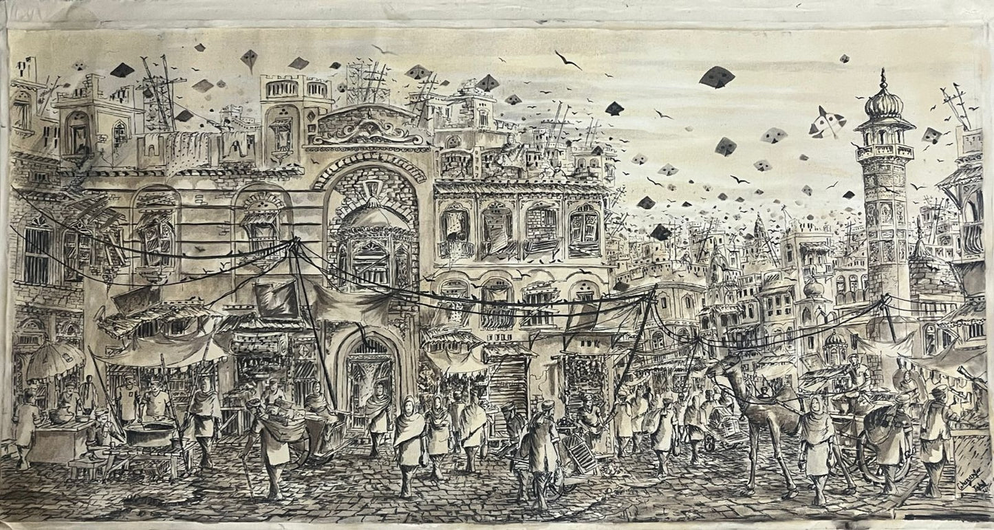 Delhi Gate Lahore Old Punjab Culture Bazaar 2 | Ghazanfar Iqbal | 24 x 48 inches